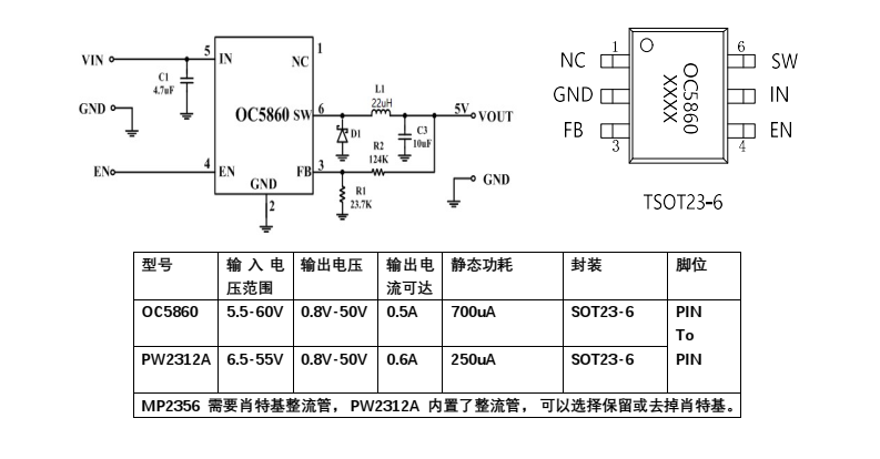 OC5860降壓芯片，PW2312A腳位一樣，節(jié)省肖特基規(guī)格書