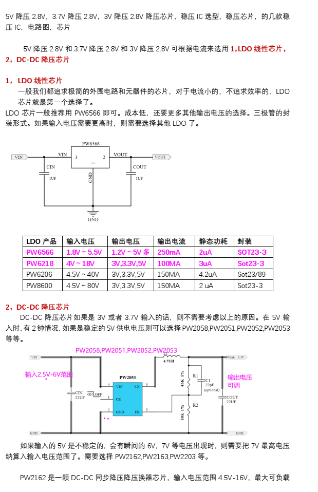 5V降壓2.8V，3.7V降壓2.8V，3V降壓2.8V芯片選型