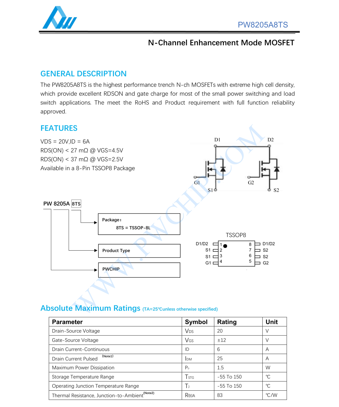 PW8205A8芯片N溝道增強(qiáng)型MOSFET