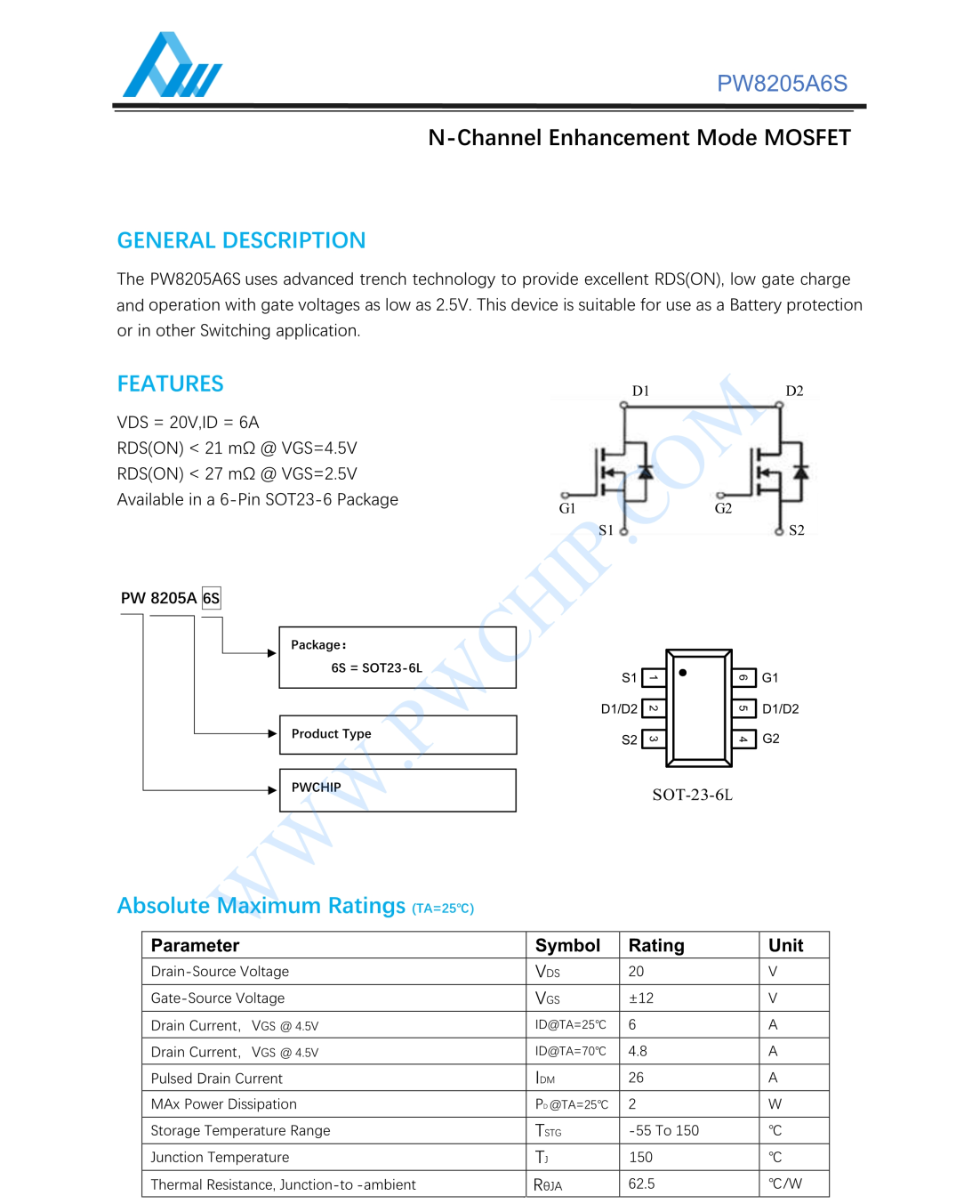 PW8205A6芯片N溝道增強(qiáng)型MOSFET