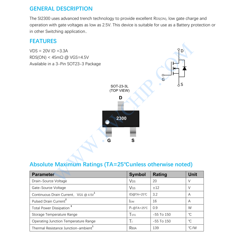 SI2300芯片N溝道增強(qiáng)型MOSFET 