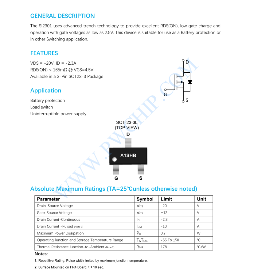 SI2301芯片P溝道增強(qiáng)型MOSFET