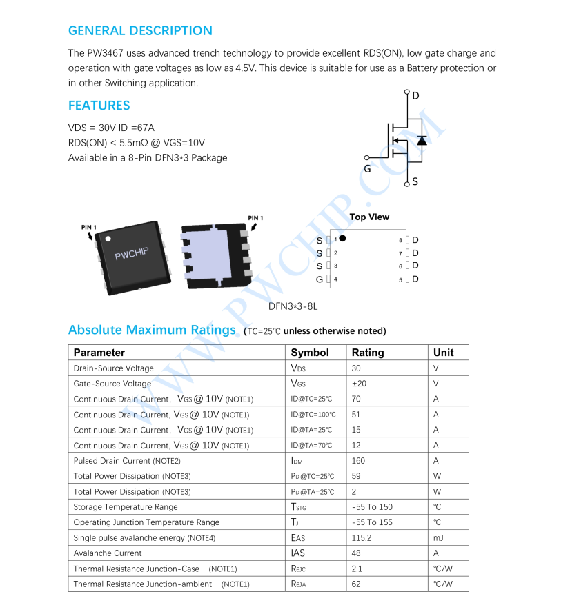 PW3467，N溝道增強(qiáng)型MOSFET