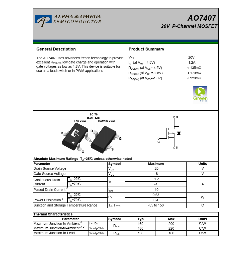 AO7407全新現(xiàn)貨支持，品牌美國萬代SOT-323封裝