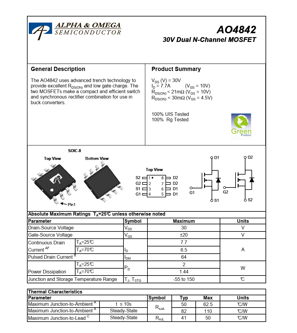 全新正品供應(yīng)AO4842品牌美國萬代SOIC-8封裝