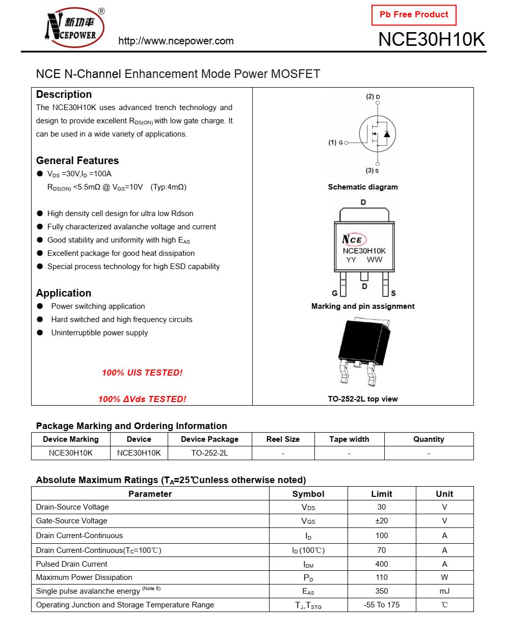 NCE30H10K封裝TO252品牌芯潔能，質(zhì)量可靠