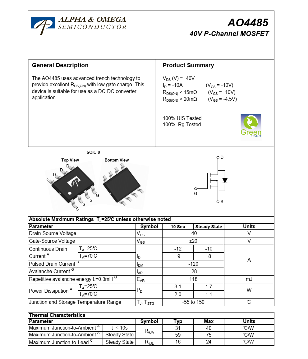 原裝供應(yīng)AO4485品牌美國萬代SOIC-8封裝，原廠技術(shù)支持