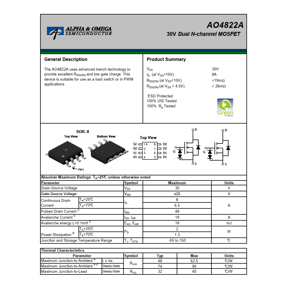 AO4822A美國萬代SOIC-8封裝，原廠技術支持