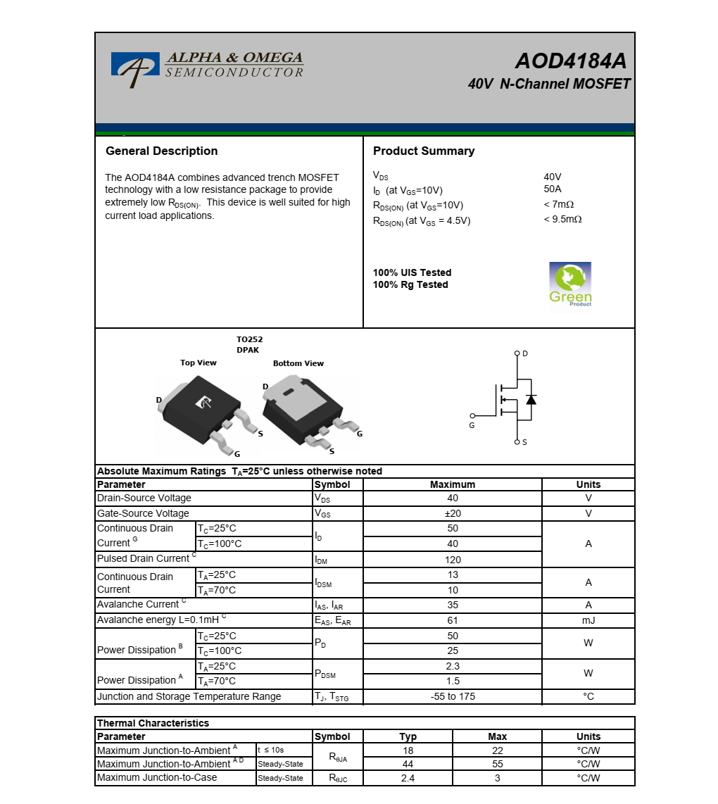 全新正品供應AOD4184A封裝TO252品牌美國萬代