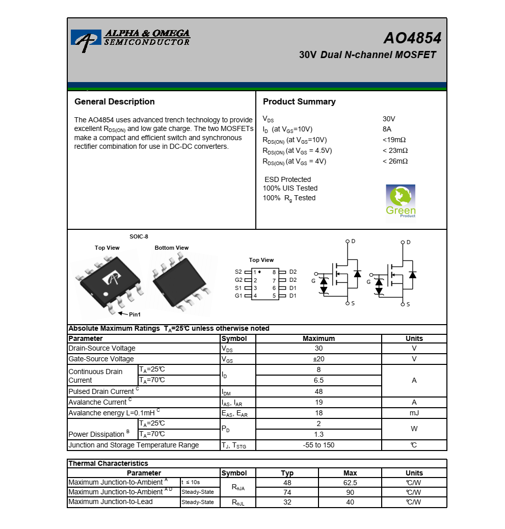 原裝現(xiàn)貨AO4854封裝SOIC-8品牌美國萬代，原廠技術(shù)支持