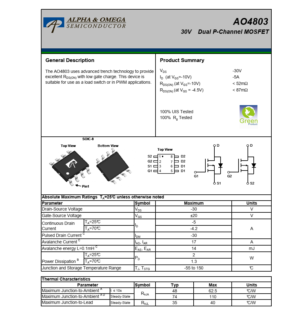 原裝現(xiàn)貨AO4803封裝SOIC-8品牌美國萬代