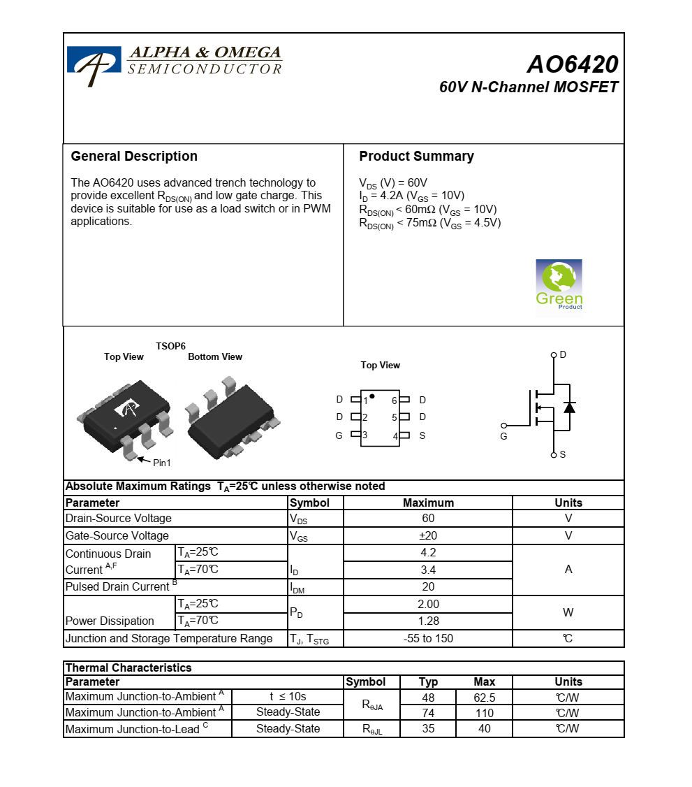 AO6420美國萬代TSOP6封裝，原廠技術支持