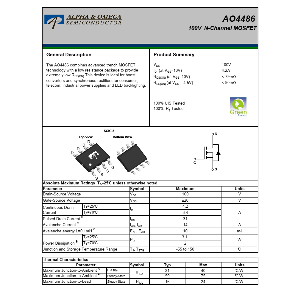 AO4486美國萬代SOIC-8封裝，原廠技術(shù)支持