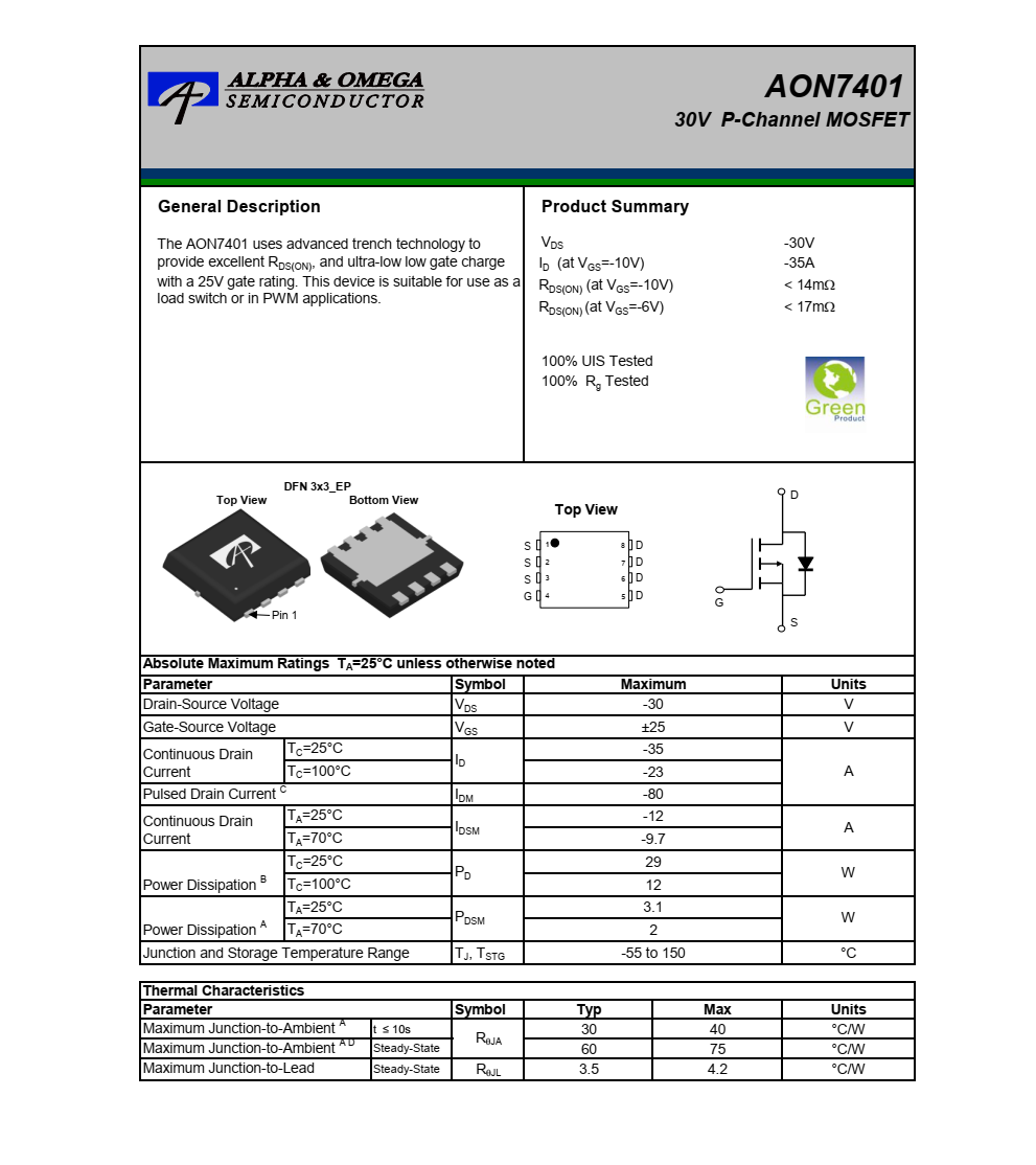 全新現(xiàn)貨AON7401封裝DFN5*6品牌美國(guó)萬(wàn)代