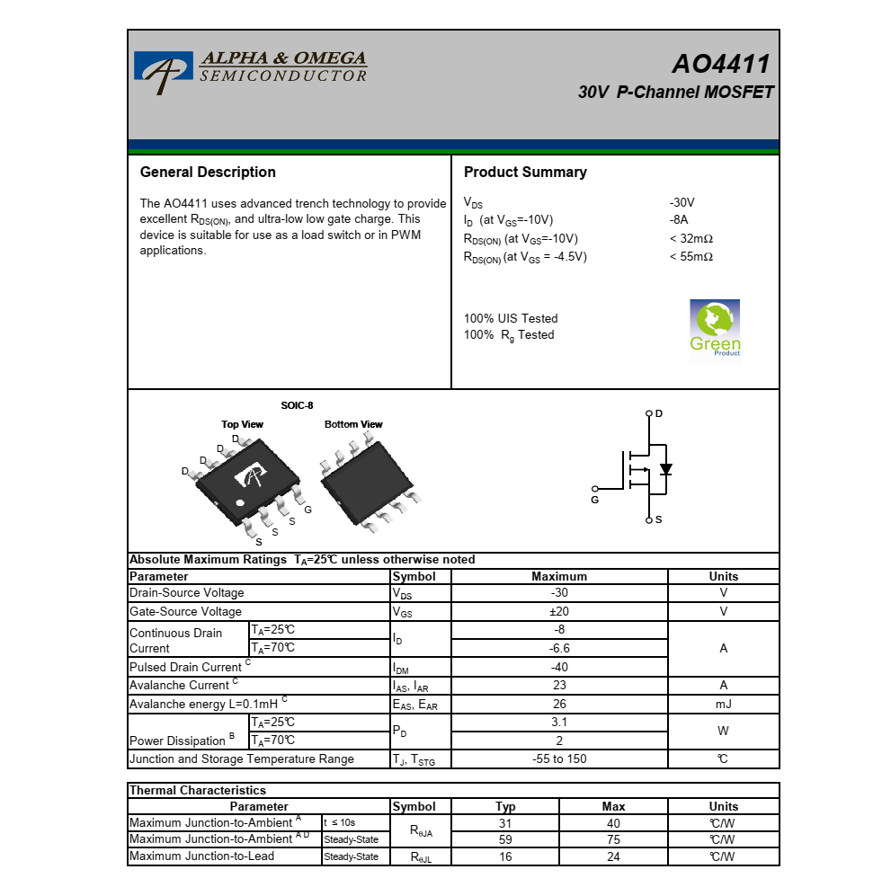 全新供應(yīng)AO4411封裝SOIC-8品牌美國(guó)萬(wàn)代，技術(shù)支持