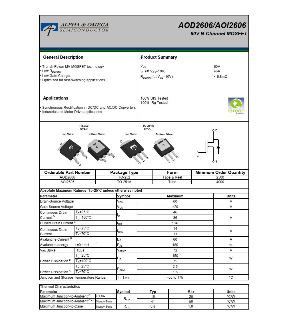 全新現(xiàn)貨AOD2606品牌美國萬代TO252封裝，技術支持