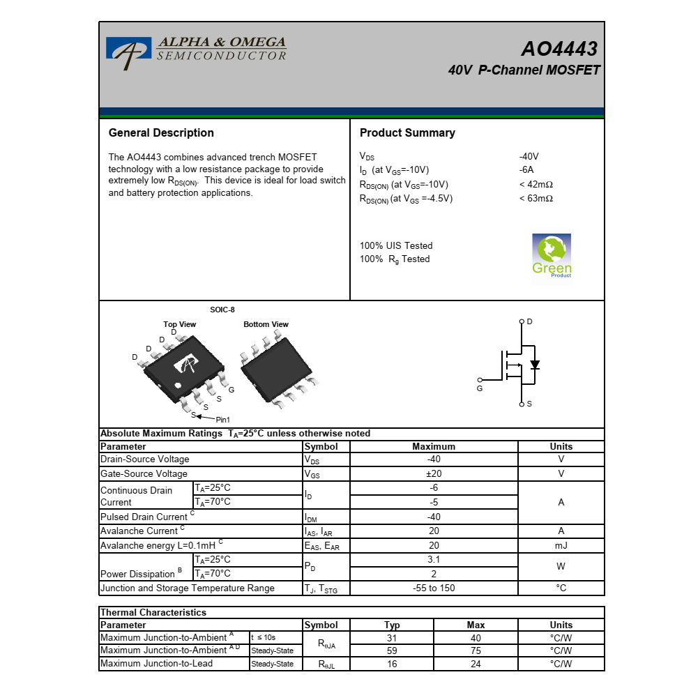 AO4443美國萬代SOIC-8封裝，原廠技術支持