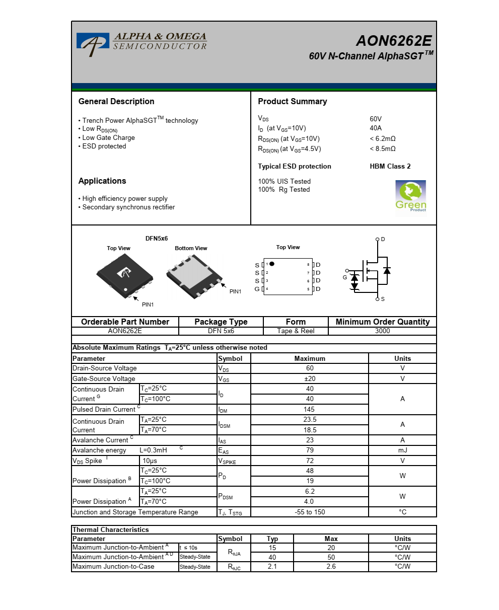 全新正品AON6262E美國萬代DFN5*6封裝，技術(shù)支持