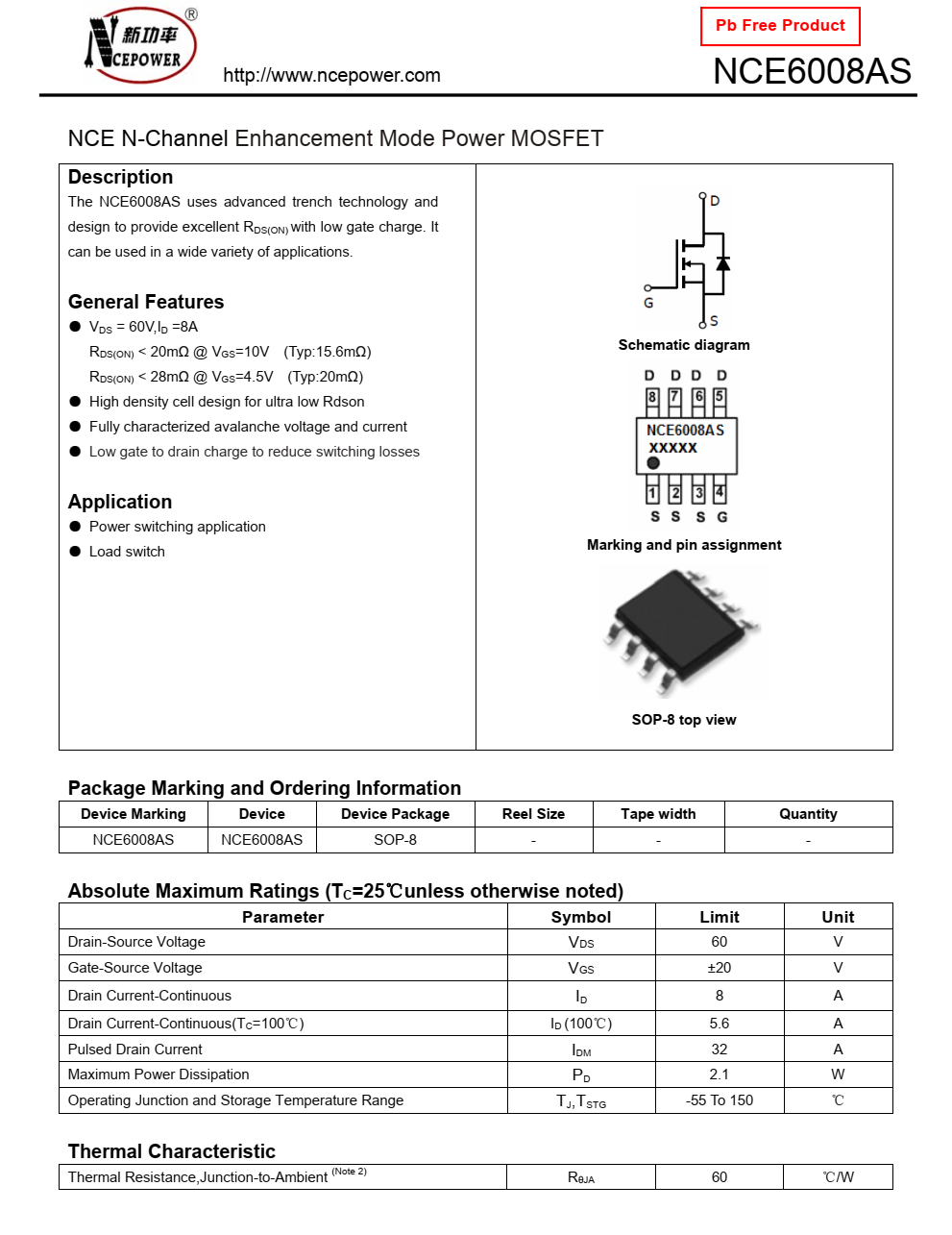 原裝正品供應(yīng)NCE6008AS品牌新潔能SOP8封裝