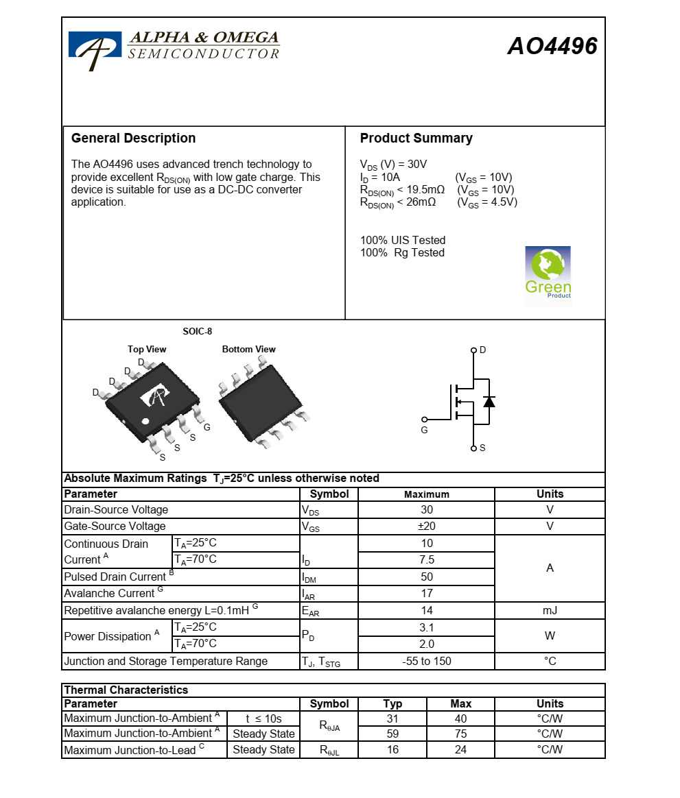 全新供應(yīng)AO4496品牌美國萬代SOIC-8封裝，質(zhì)量可靠