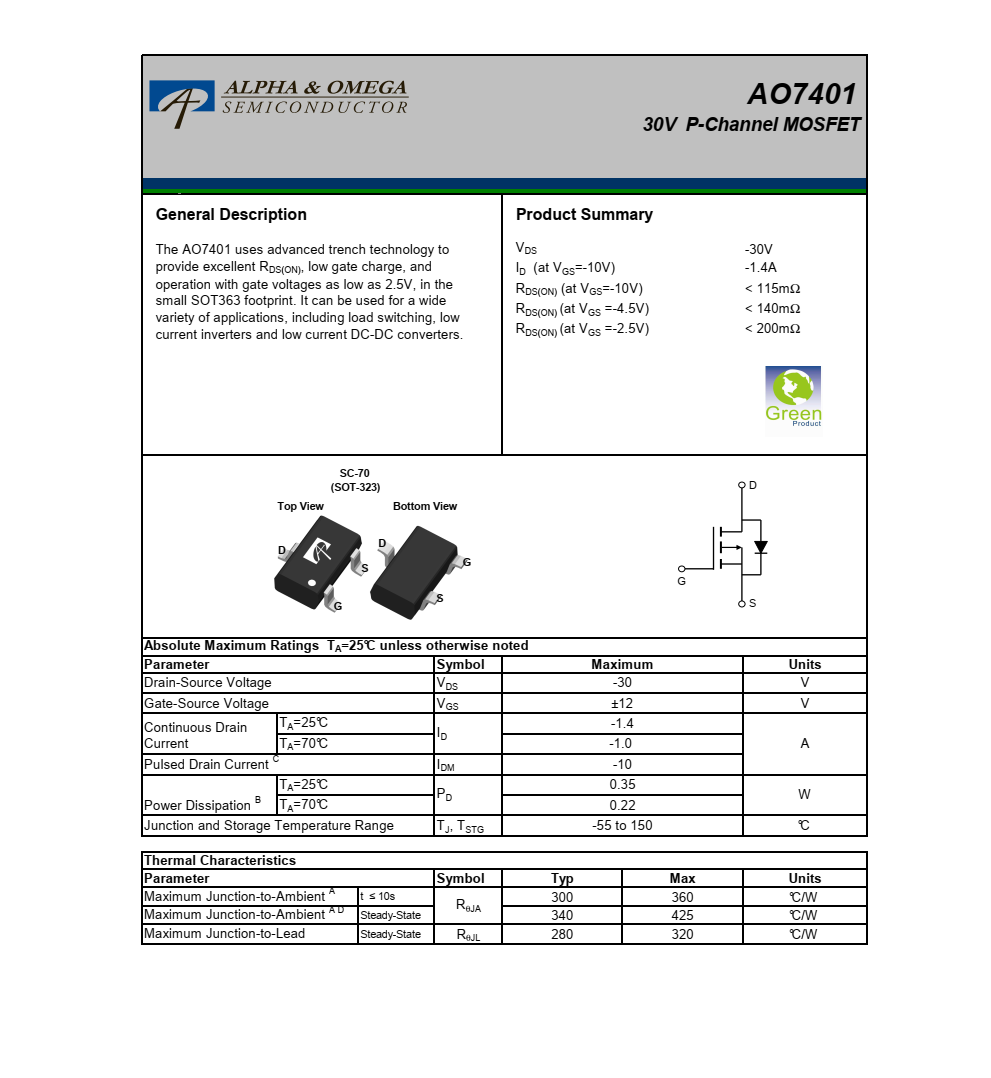 原裝供應(yīng)AO7401封裝SOT-323品牌美國萬代