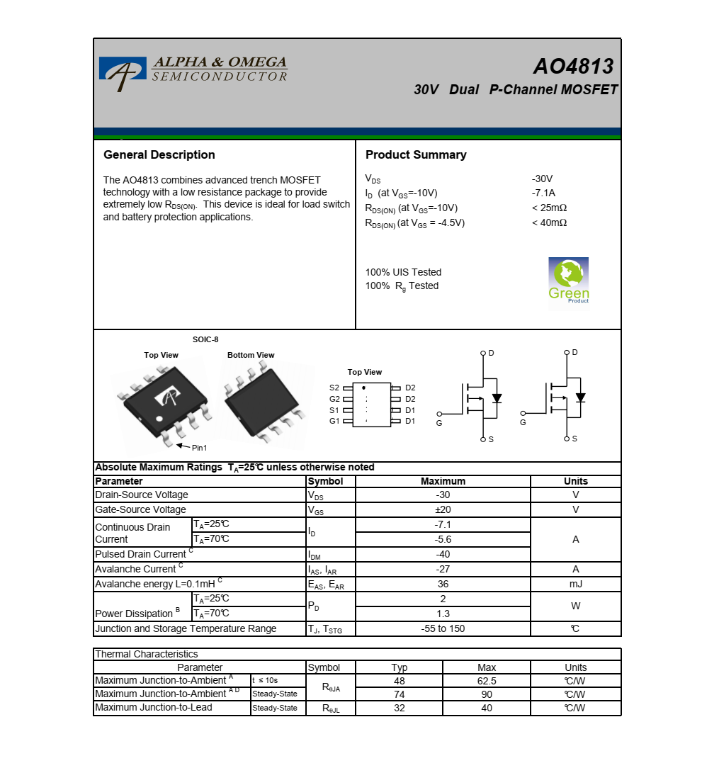 原裝正品AO4813美國萬代SOIC-8封裝，全新現(xiàn)貨支持