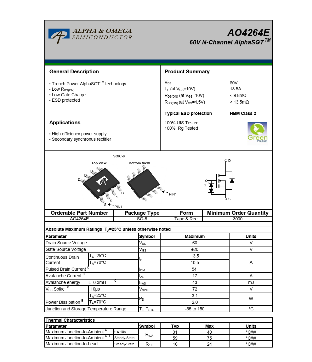 AO4264E美國萬代SOT23-3封裝，原廠技術(shù)支持