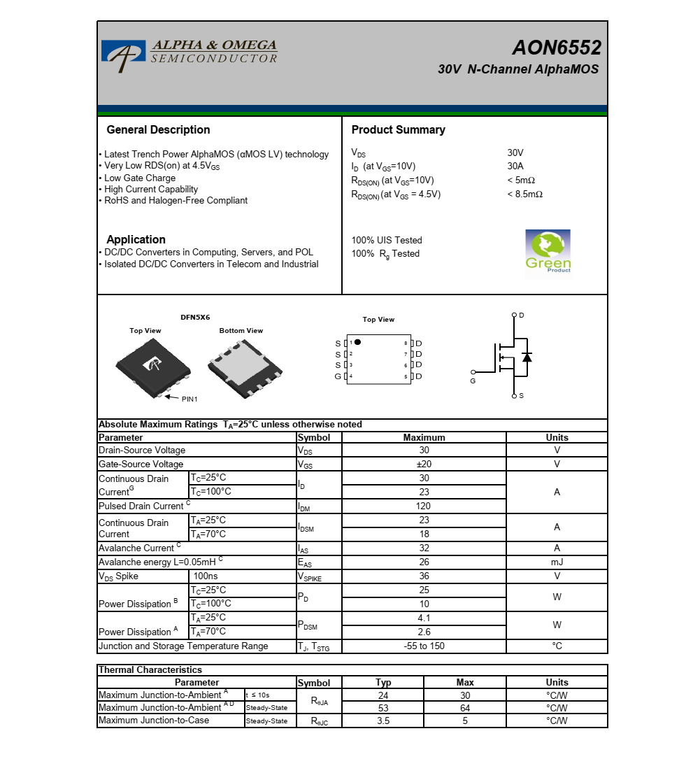 原裝全新供應(yīng)AON6552，封裝DFN5*6品牌美國(guó)萬(wàn)代