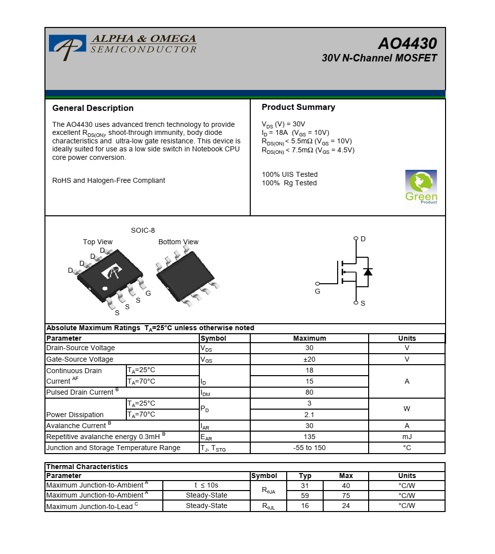 全新供應AO4430封裝SOIC-8品牌美國萬代，技術支持