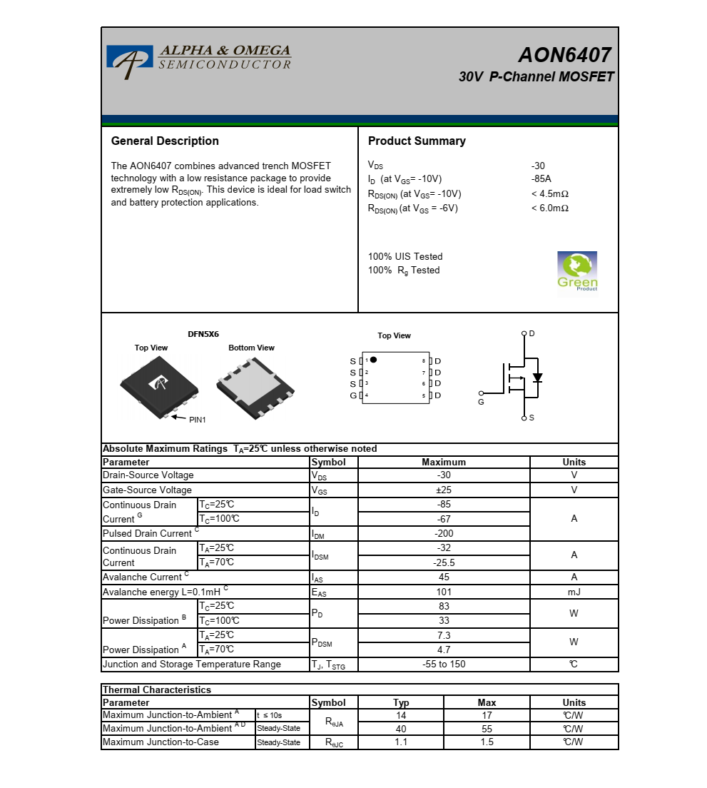 原裝供應(yīng)AON6407品牌美國萬代DFN5*6封裝，質(zhì)量可靠