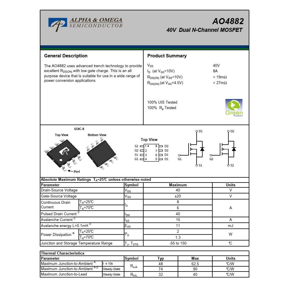 AO4882美國萬代SOIC-8,長期供貨穩(wěn)定，技術(shù)支持