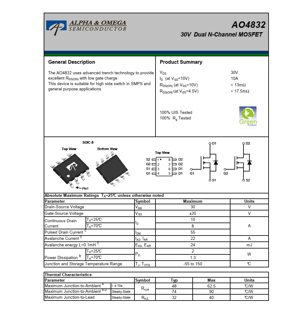 AO4832美國萬代SOIC-8封裝，全新現(xiàn)貨支持