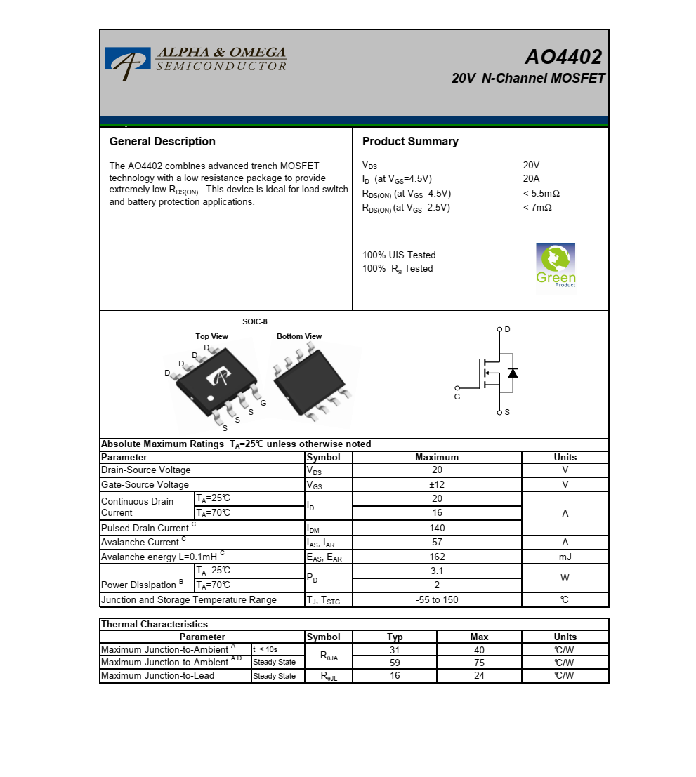 AO4402封裝SOIC-8品牌美國(guó)萬(wàn)代，原裝現(xiàn)貨