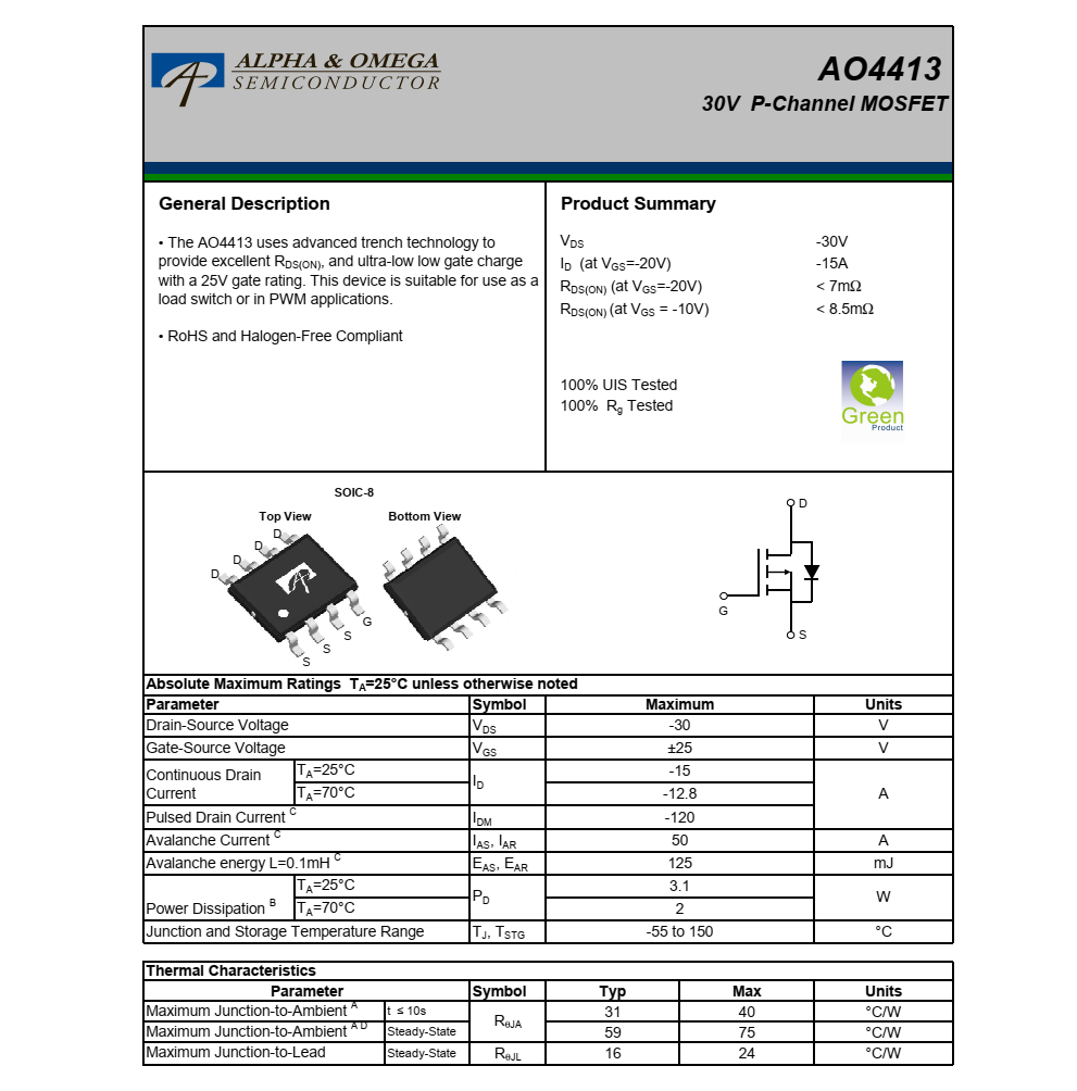 AO4413品牌美國萬代SOIC-8封裝，質量可靠