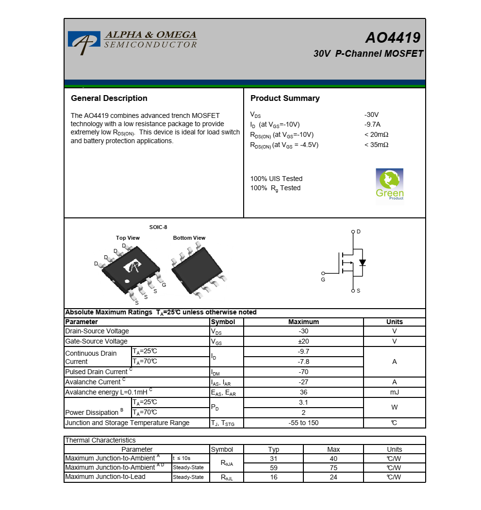 全新現貨AO4419美國萬代SOIC-8封裝，原廠技術支持