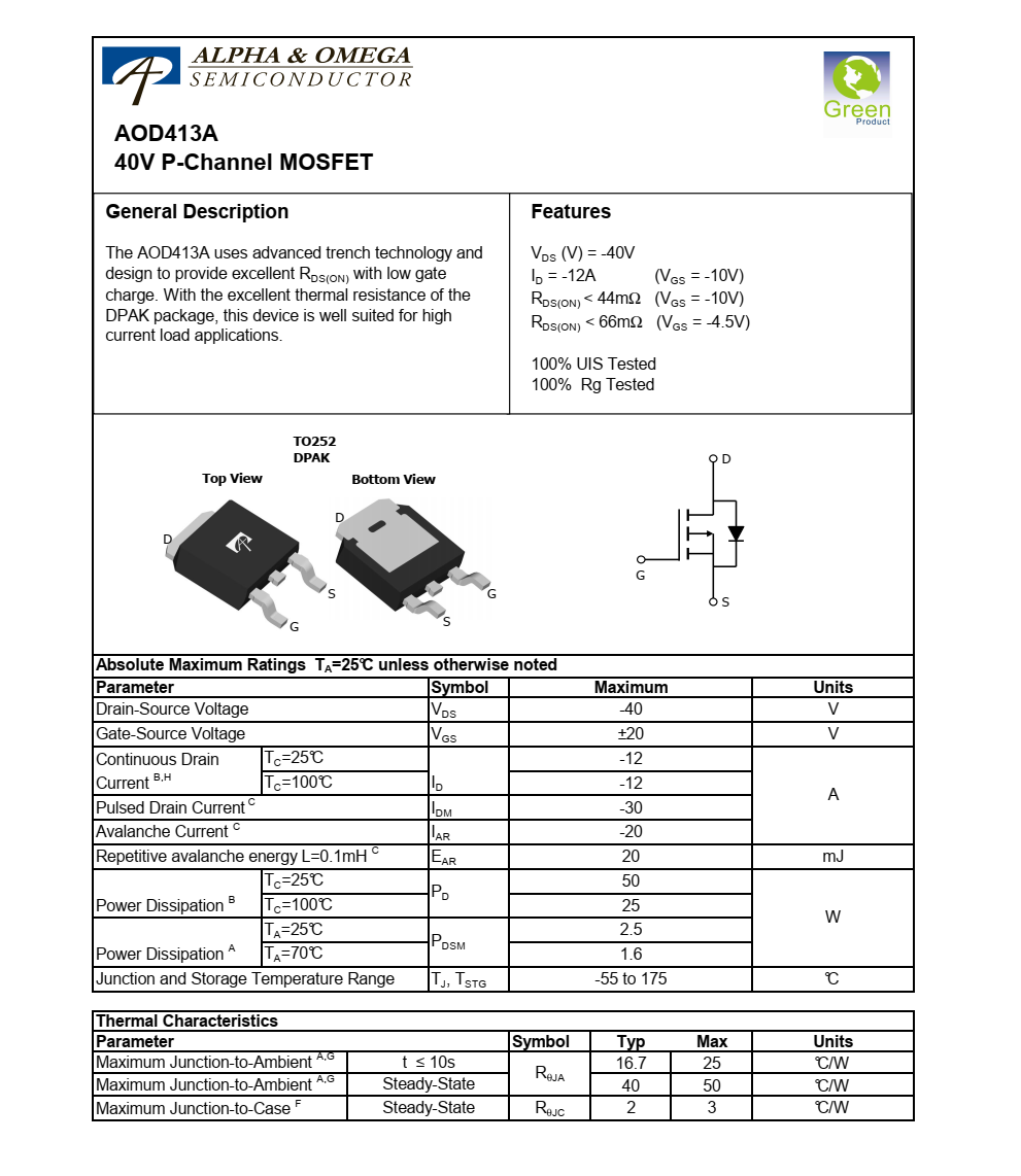 全新正品供應(yīng)AOD413A封裝TO252品牌美國(guó)萬(wàn)代