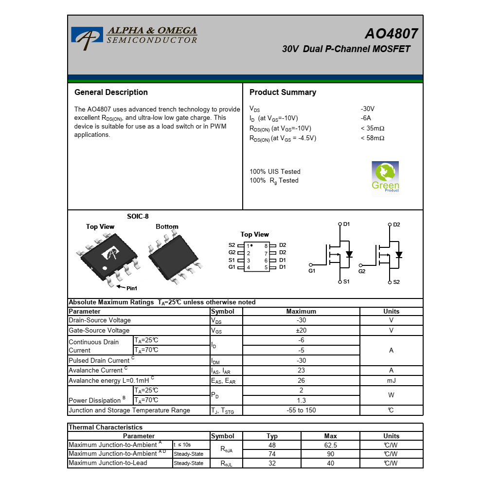 原裝供應AO4807封裝SOIC-8品牌美國萬代，質量可靠