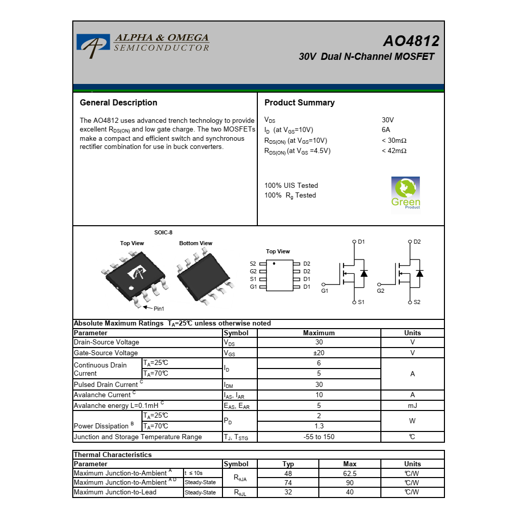 全新現(xiàn)貨支持AO4812美國萬代SOIC-8封裝，原廠正品