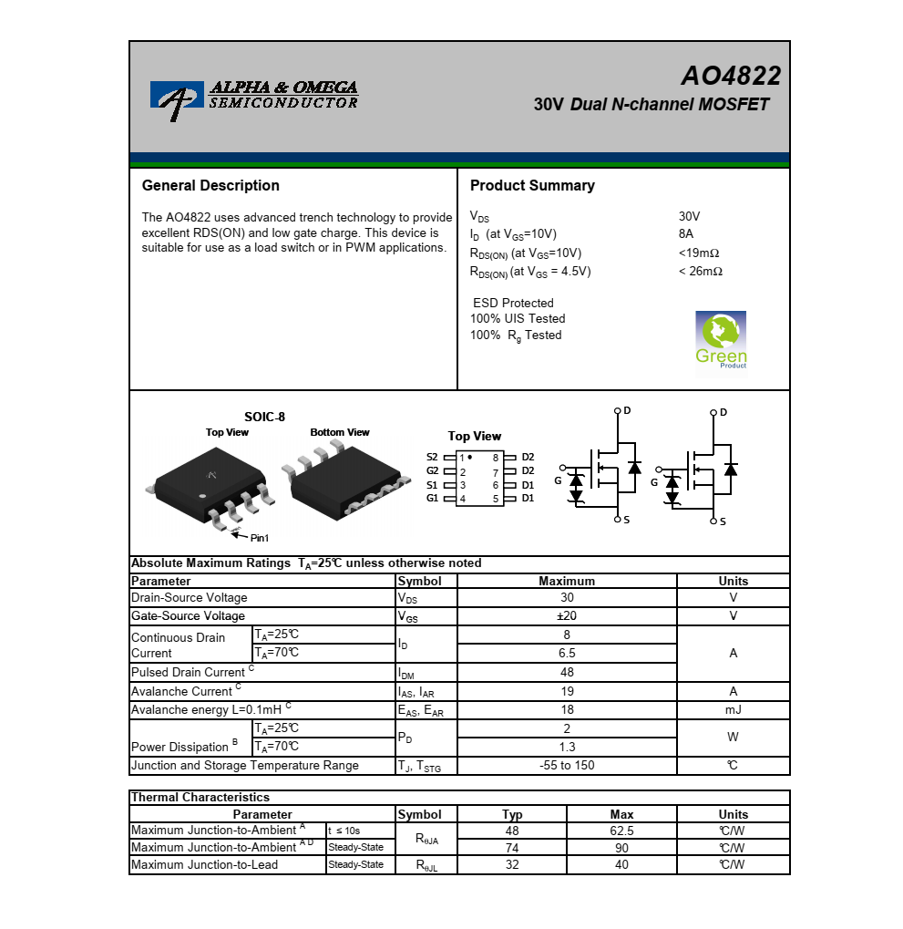 AO4822品牌美國萬代SOIC-8封裝，原廠技術支持