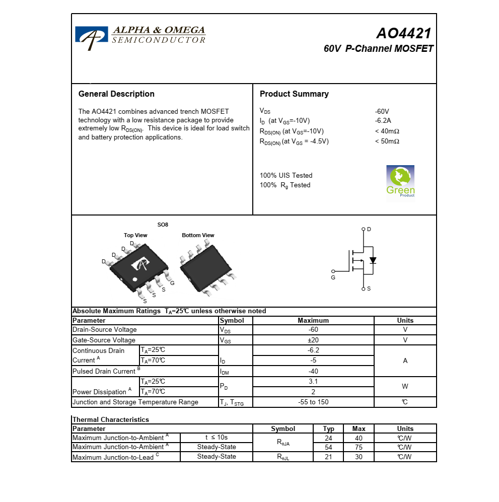 全新供應AO4421品牌美國清淡SOIC-8封裝，現貨支持