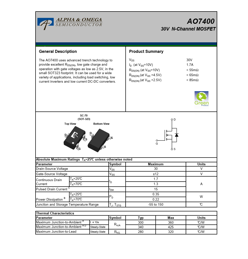 AO7400品牌美國萬代SOT-323封裝，原廠技術(shù)支持