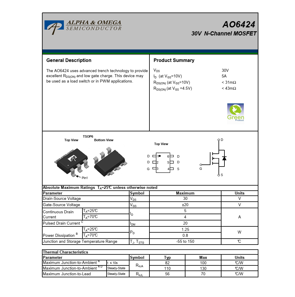 全新供應AO6424品牌美國萬代TSOP6封裝