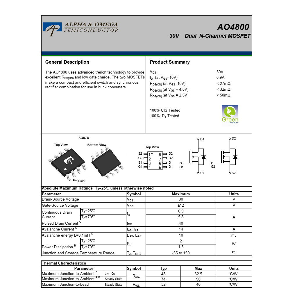 AO4800美國萬代SOIC-8封裝，長期供貨穩(wěn)定