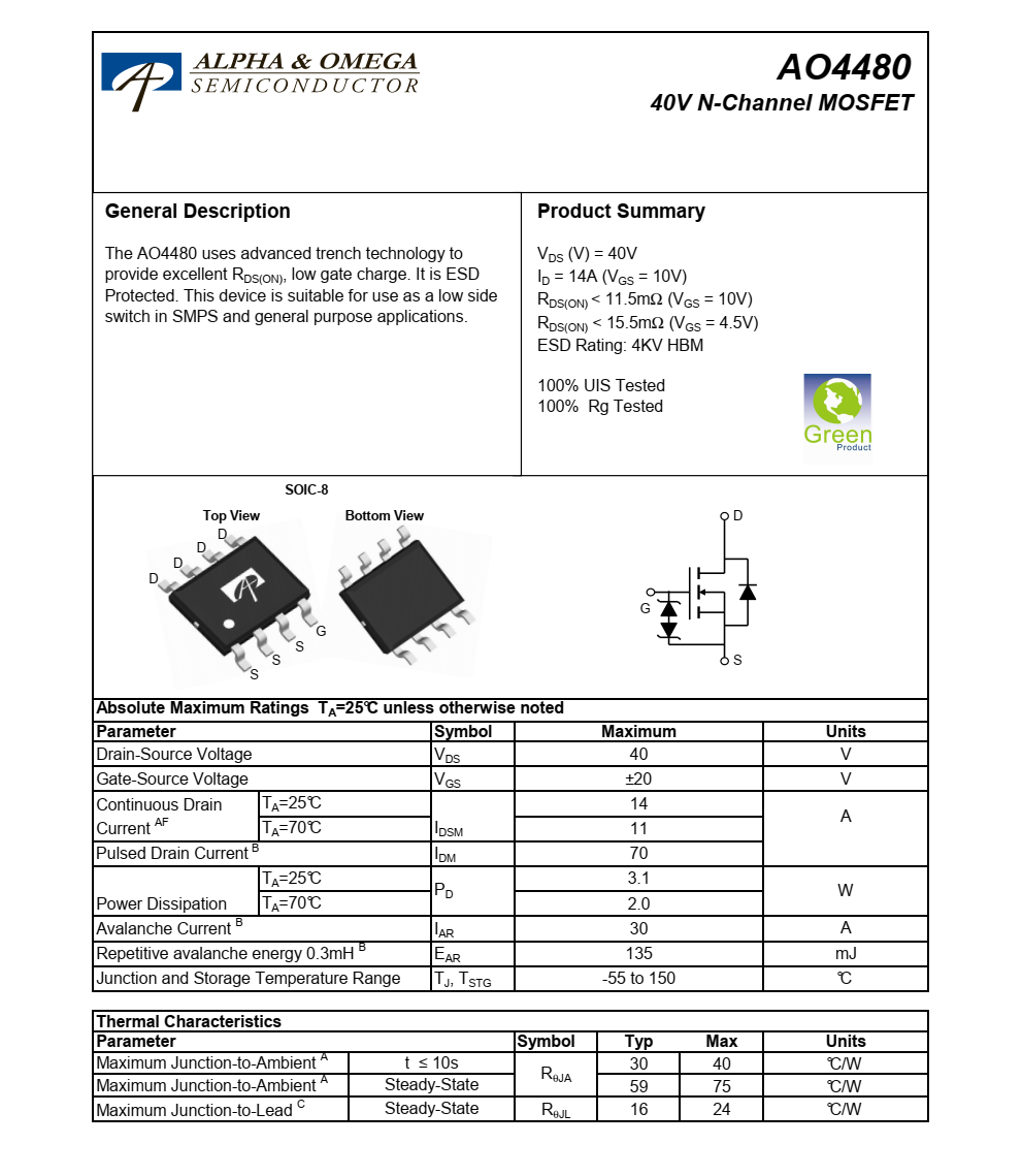 全新AO4480美國萬代SOIC-8封裝，原廠技術(shù)支持