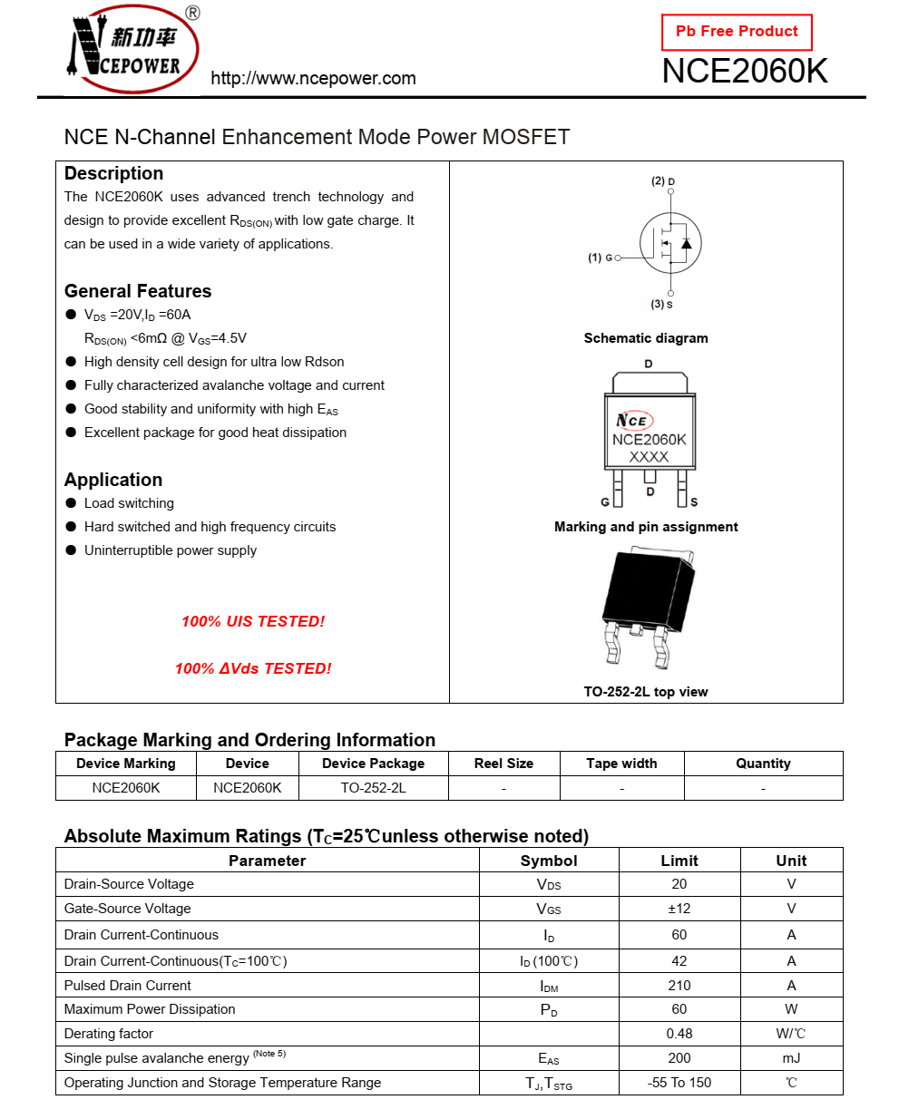 NCE2060K封裝TO252品牌新潔能，原廠技術(shù)支持