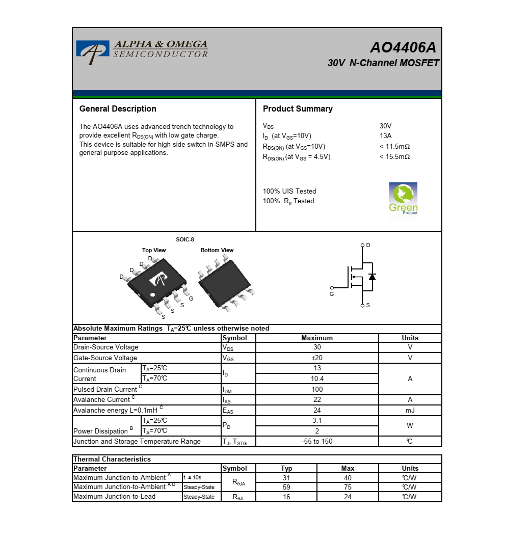 全新AO4406A品牌美國(guó)萬(wàn)代SOIC-8封裝，原廠現(xiàn)貨支持