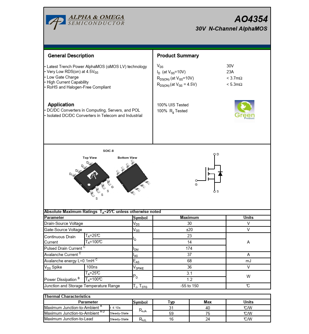 AO4354品牌美國(guó)萬(wàn)代SOIC-8封裝，質(zhì)量可靠