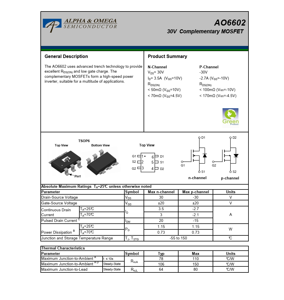 AO6602美國萬代TSOP6封裝，全新技術支持