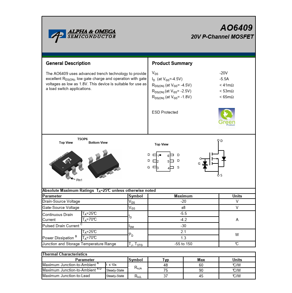 全新供應AO6409封裝TSOP6品牌美國萬代