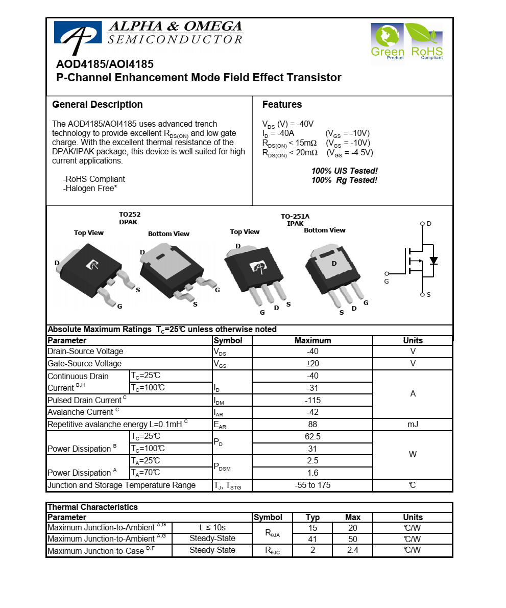 AOD4185品牌美國萬代TO252封裝，原廠技術支持